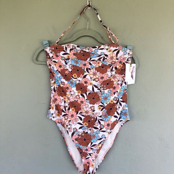 Jessica Simpson Strapless One-Piece Swimsuit Women L Floral Retro Beach Resort - Picture 1 of 16